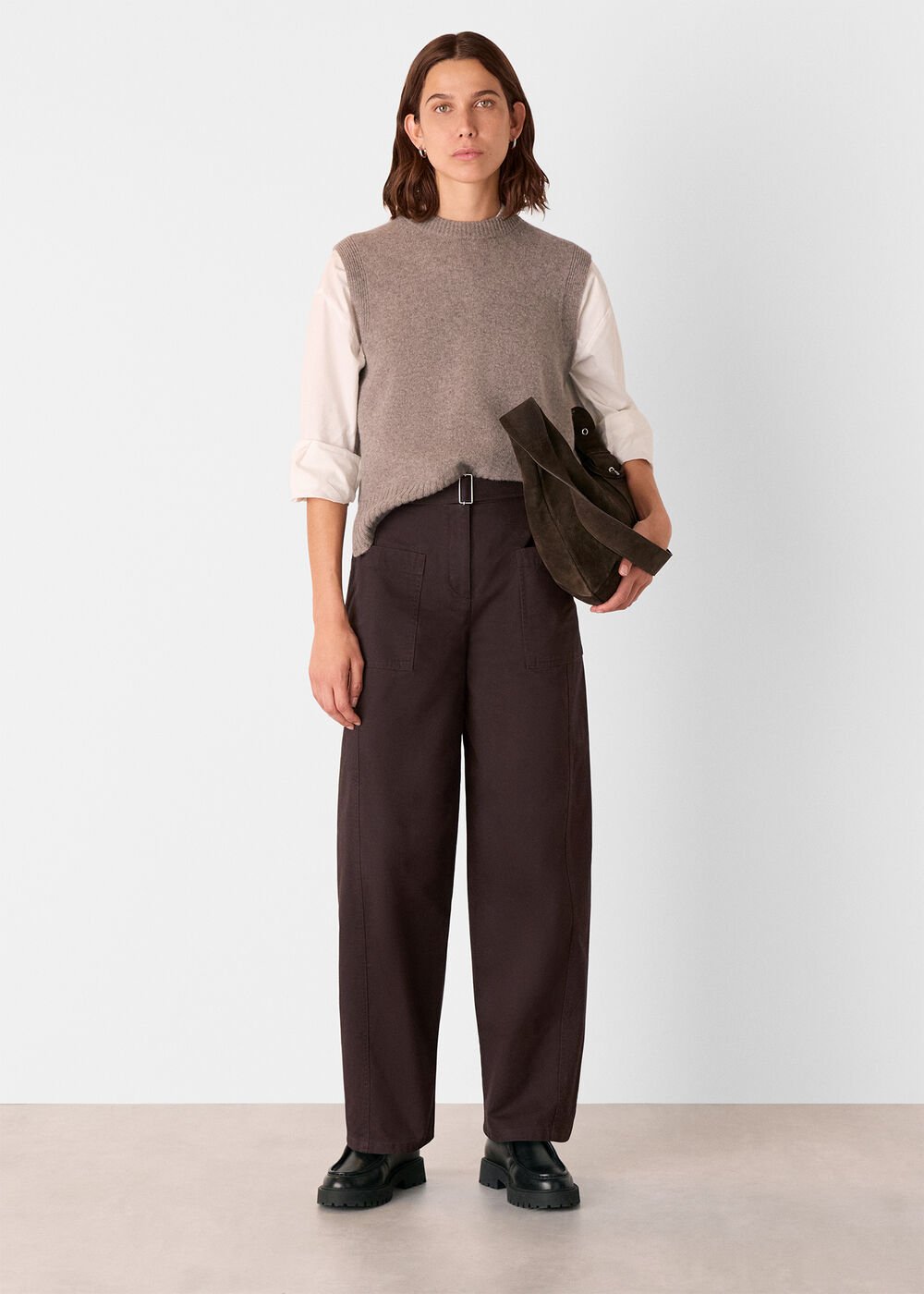Brown Belted Cotton Barrel Trouser
