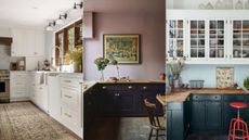 white kitchen, dark kitchen cabinets with pink walls, blue and white kitchen