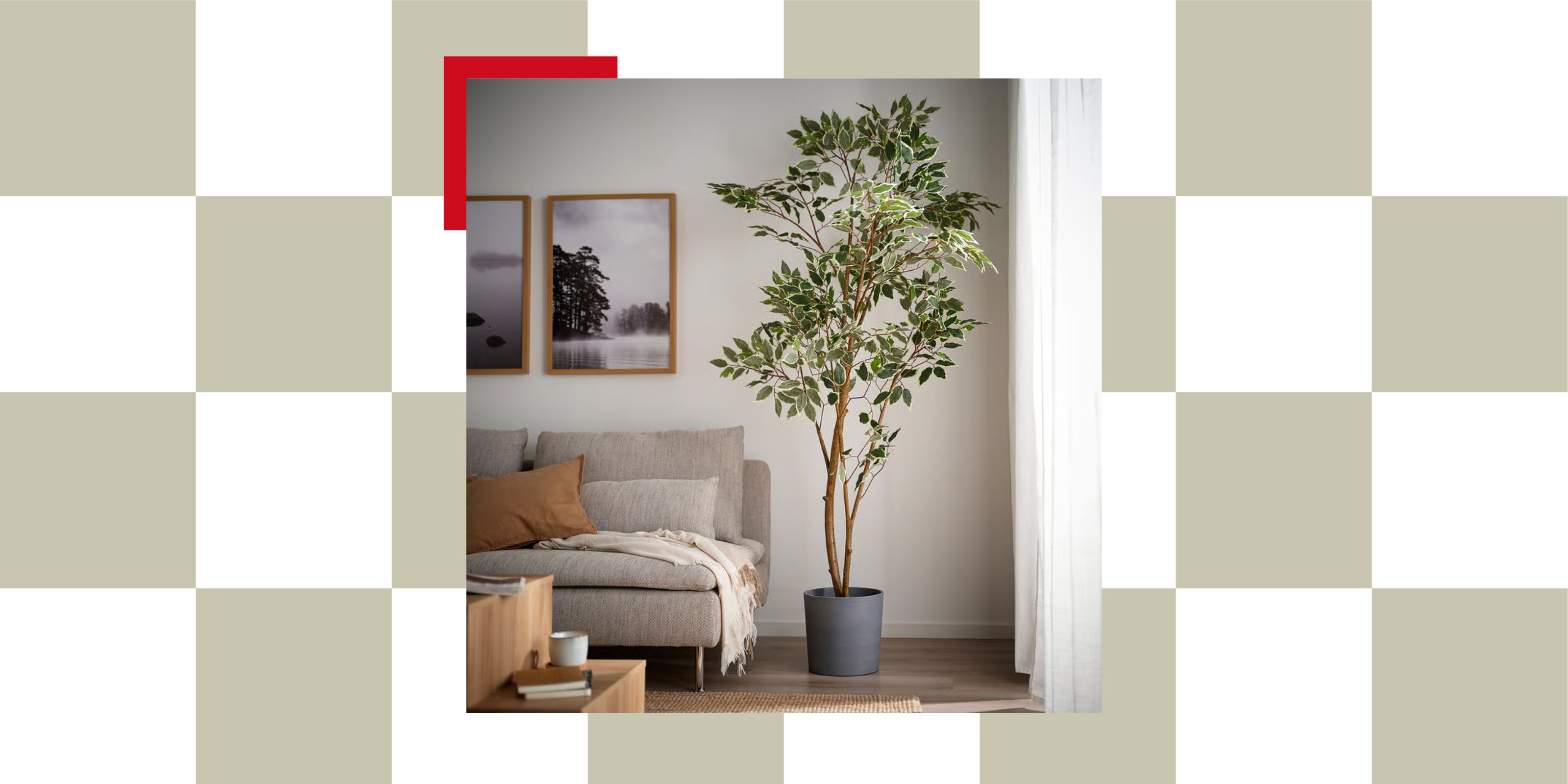 IKEA's FEJKA Weeping Fig Artificial Potted Plant in the corner of a neutral-toned living room with a beige sofa with a row of artwork above it and a low profile coffee table in front