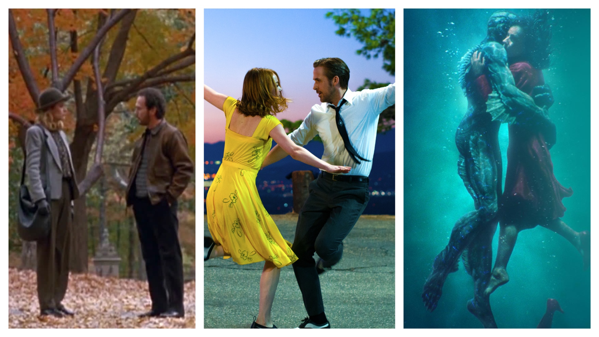 Three images of filmd sliced together, from left to right: When Harry Met Sally, La La Land and The Shape of Water 
