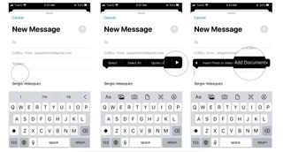 How to send large email attachments by showing steps: Touch and hold the message to bring the editing menu, tap the arrow on the right side of the menu, tap on Add Document