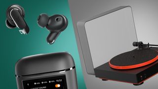 The JBL Tour Pro 2 headphones next to the JBL Spinner BT turntable