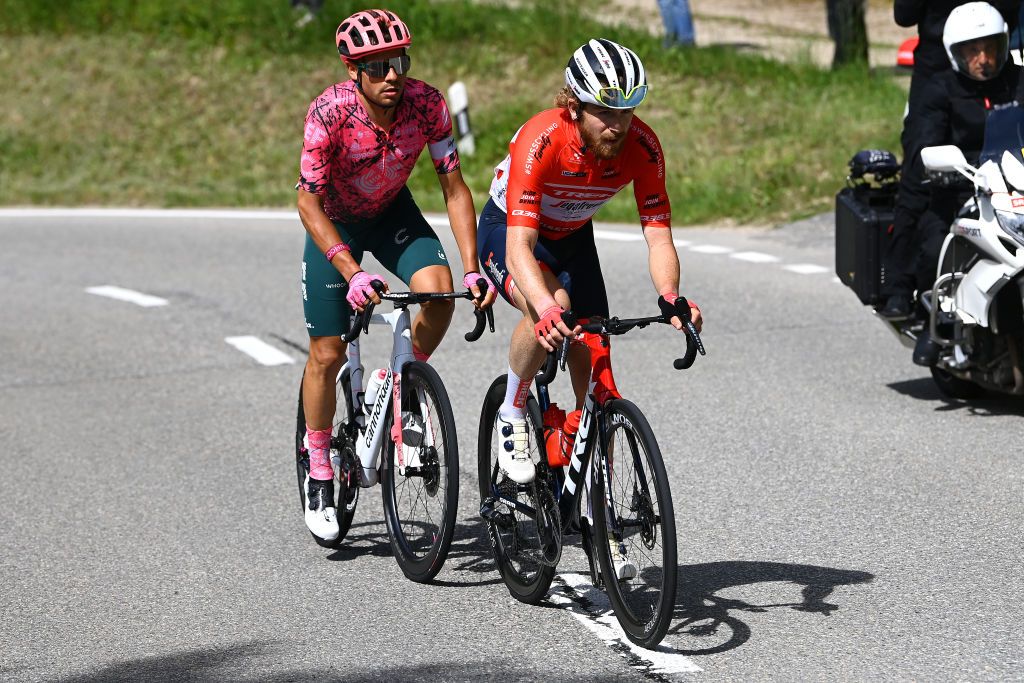 GRENCHEN SWITZERLAND JUNE 14 Quinn Simmons of United States and Team Trek Segafredo Red Mountain Jersey and Stefan Bissegger of Switzerland and Team EF Education Easypost compete in the breakaway during the 85th Tour de Suisse 2022 Stage 3 a 1769km stage from Aesch to Grenchen ourdesuisse2022 WorldTour on June 14 2022 in Grenchen Switzerland Photo by Tim de WaeleGetty Images