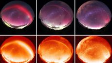 Auroral images taken over New Zealand, showing a red auroral arc (left), the skyglow called STEVE (middle), and a partial arc with green picket fence structures (right). 