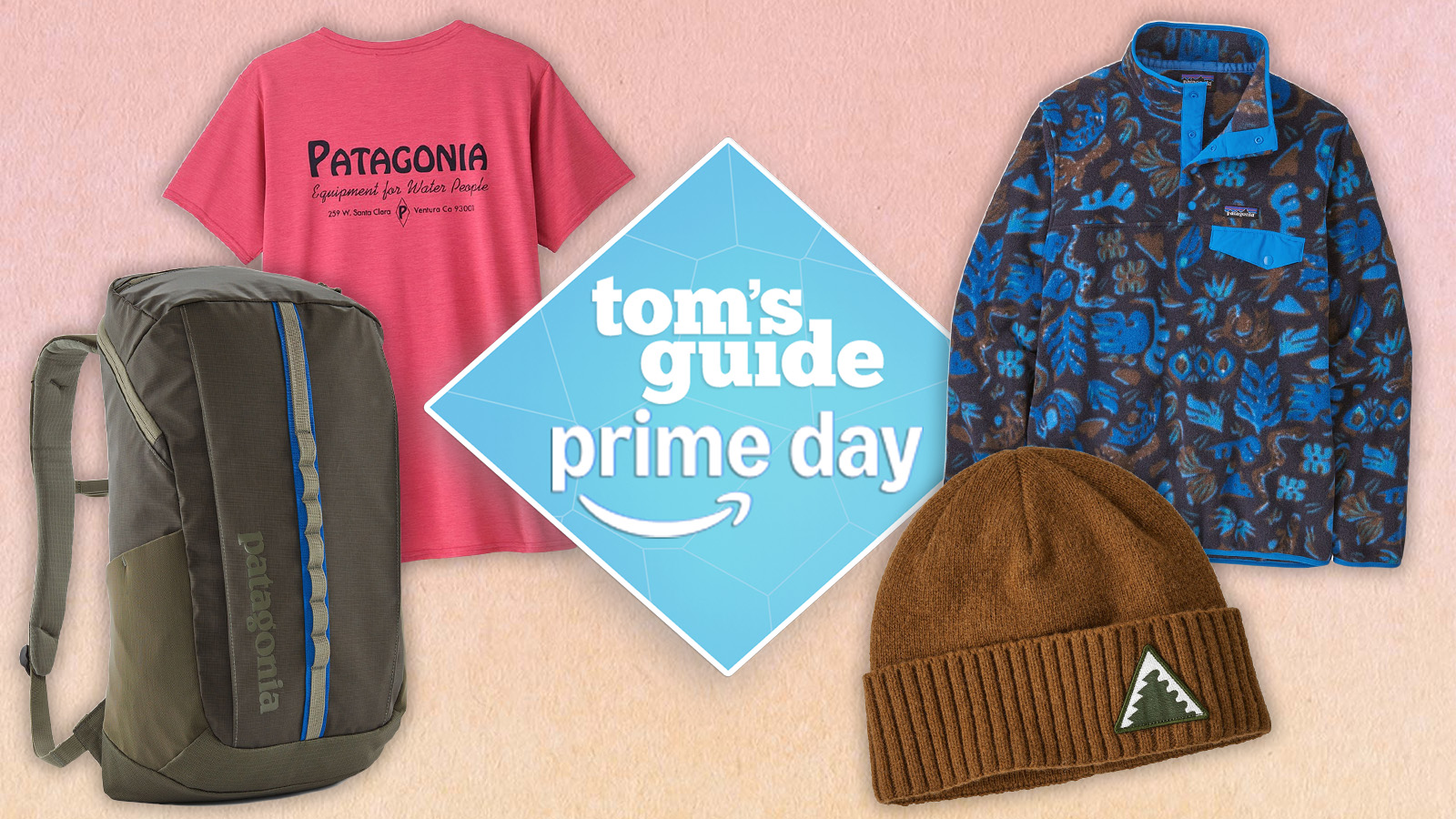 a composite image of patagonia gear including: synchilla fleece, black hole pack, beanie hat, and t shirt, with a blue and white tom&#039;s guide prime day badge on a pink and orange background