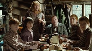 Harry and the Weasley Family having breakfast at The Burrow in Harry Potter and the Chamber of Secrets.