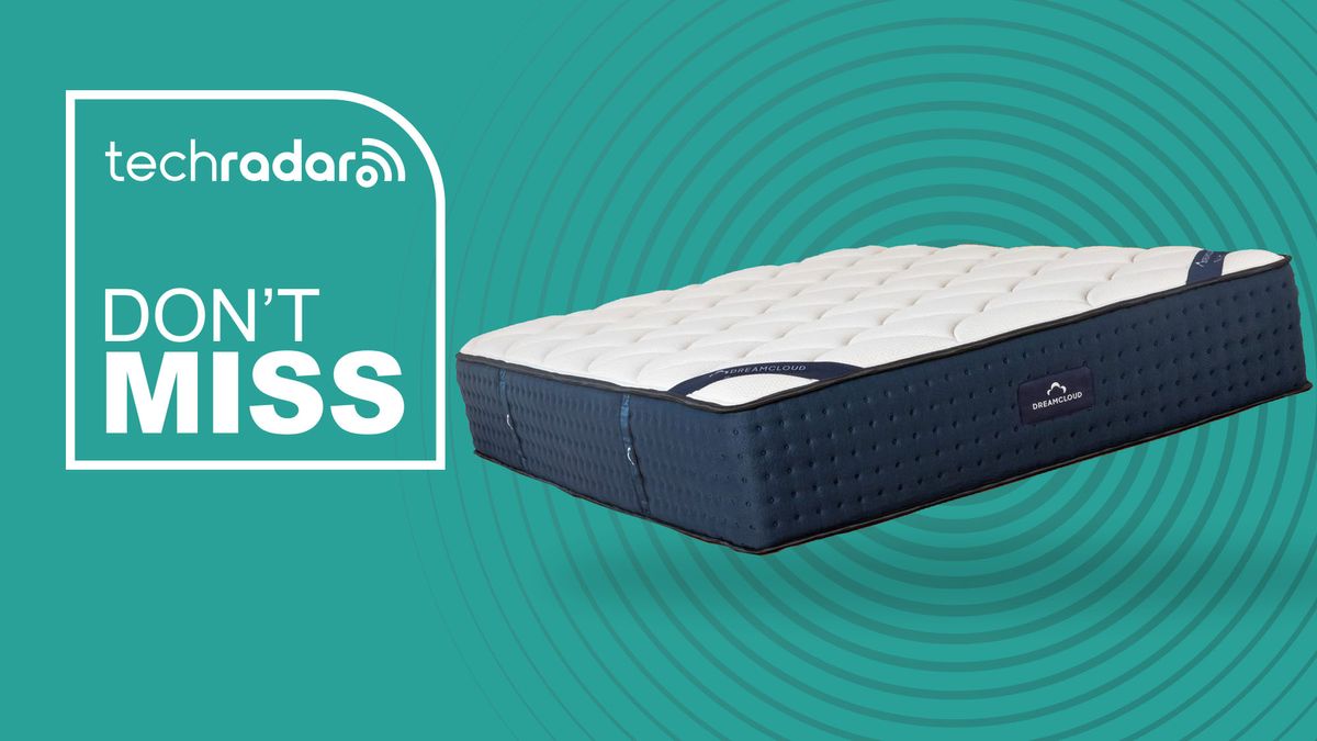 DreamCloud mattress with a Don&#039;t miss deals graphic overlaid