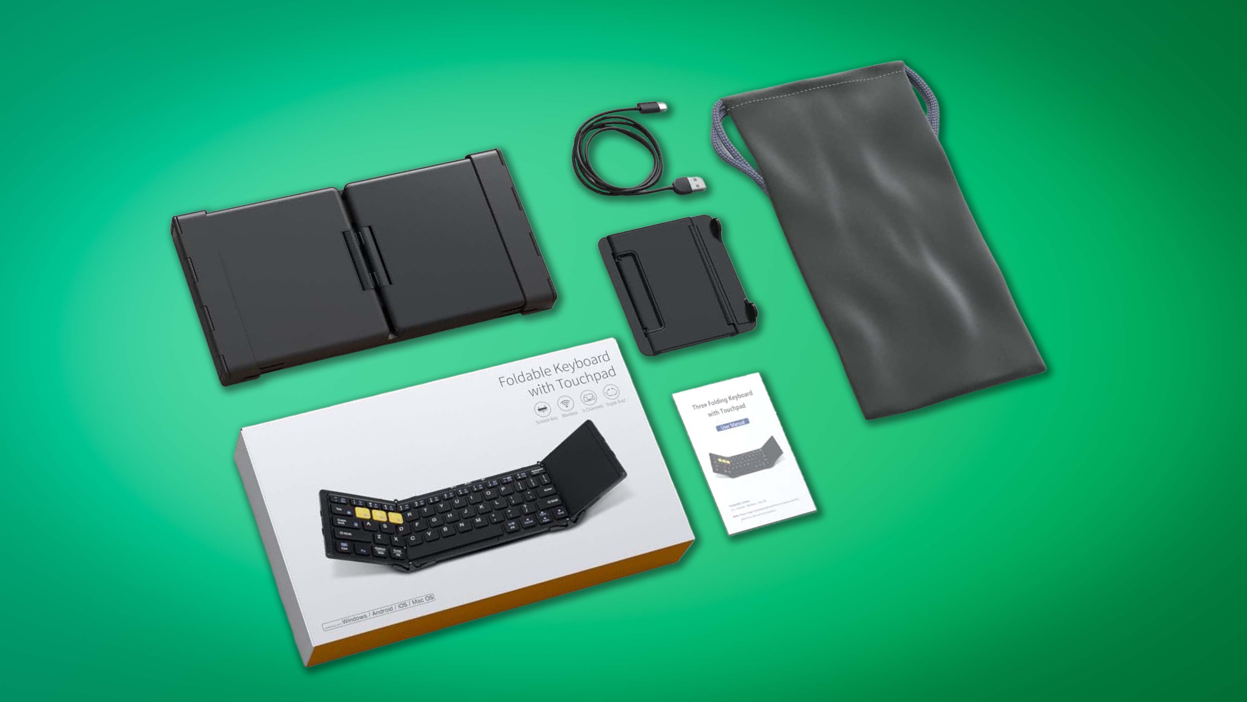 The folded keyboard, a USB-C to USB-A cable, a phone stand, manual, carrying bag, and box that comes with the Artciety Foldable Bluetooth Keyboard.