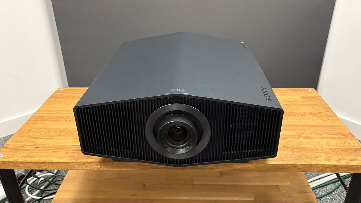 Sony Bravia Projector 8 home cinema projector on wooden AV rack