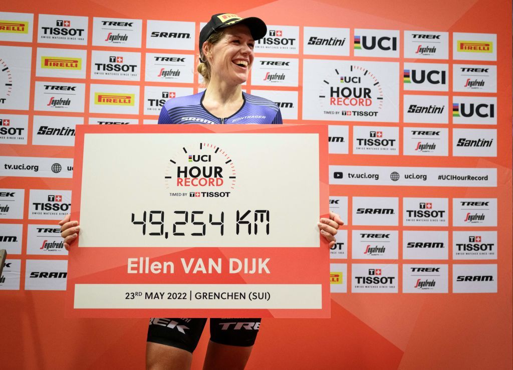 Dutch rider Ellen Van Dijk reacts after breaking the Hour Record in the Velodrome Suisse an indoor velodrome in Grenchen northern Switzerland on May 23 2022 Van Dijk broke the record with a new distance of 49254 km Photo by GABRIEL MONNET AFP Photo by GABRIEL MONNETAFP via Getty Images