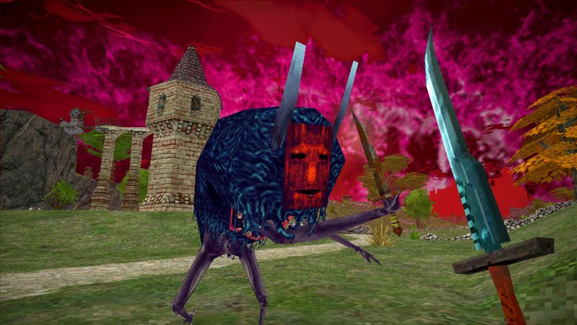 An image from RPG Dread Delusion. A red-masked creature with a body covered in black hair, with spindly arms and legs, attacks with a knife. It has a large toothy mouth in its stomach.