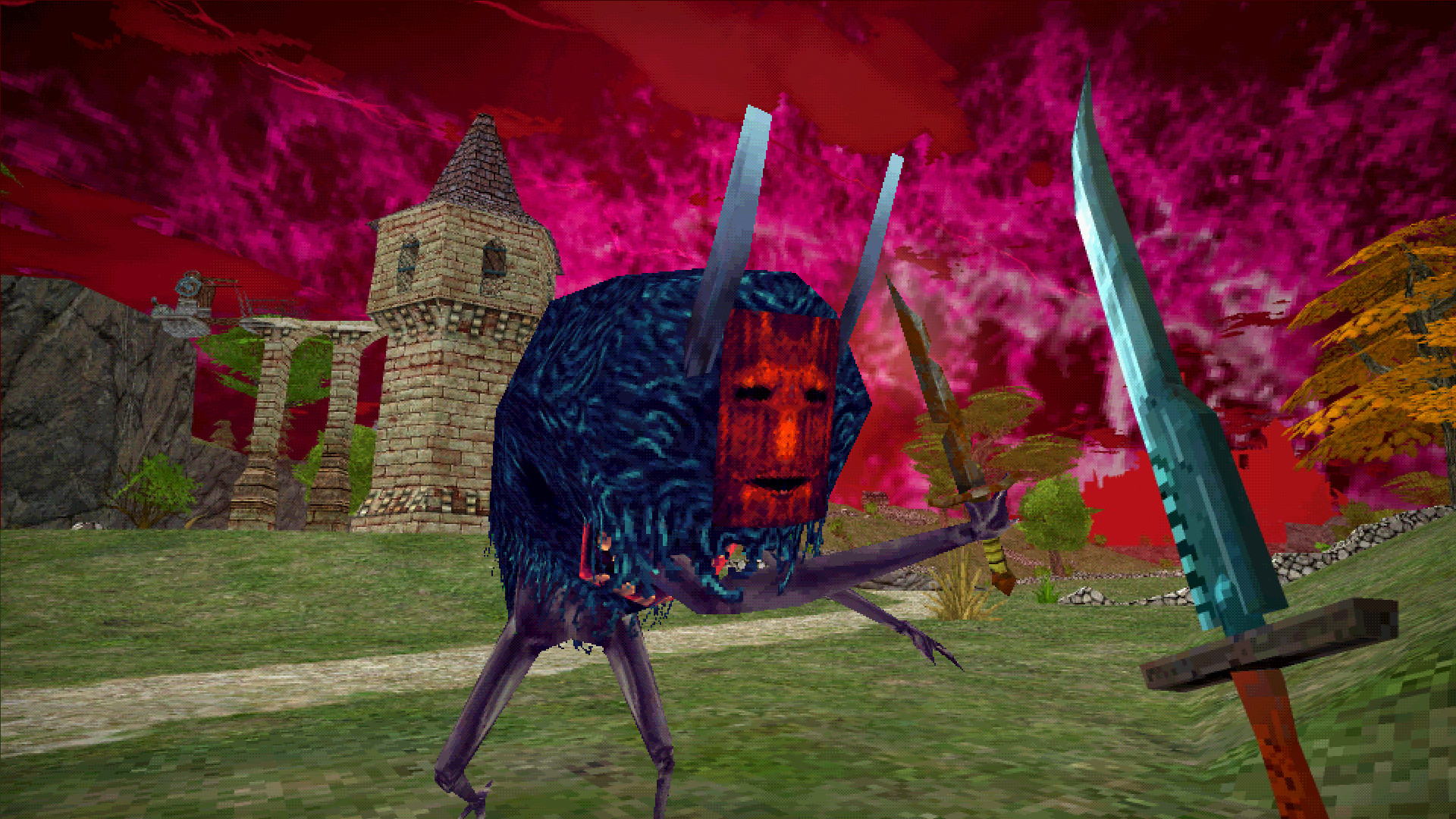 An image from RPG Dread Delusion. A red-masked creature with a body covered in black hair, with spindly arms and legs, attacks with a knife. It has a large toothy mouth in its stomach.