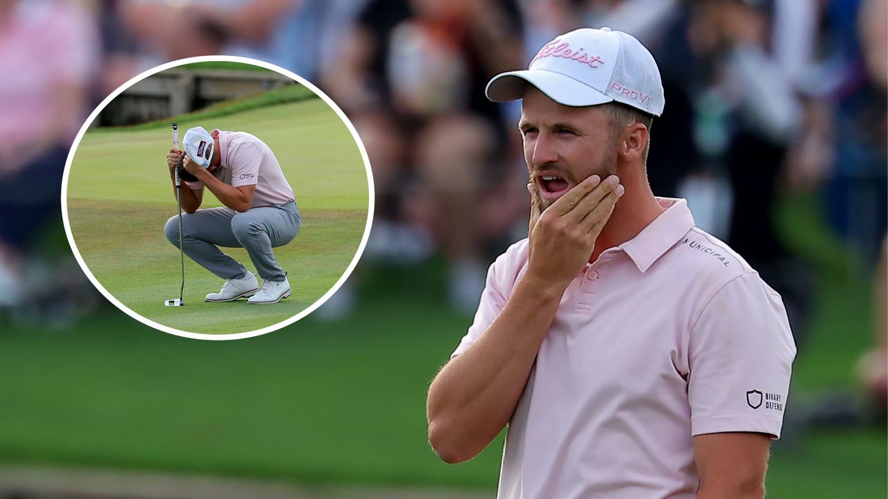 Wyndham Clark reacts to his lip-out putt