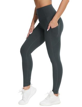 The Gym People Women's High Waist Yoga Pants Buttery Soft Stretchy Tummy Control Workout Athletic Leggings With Pockets Charcoal Grey