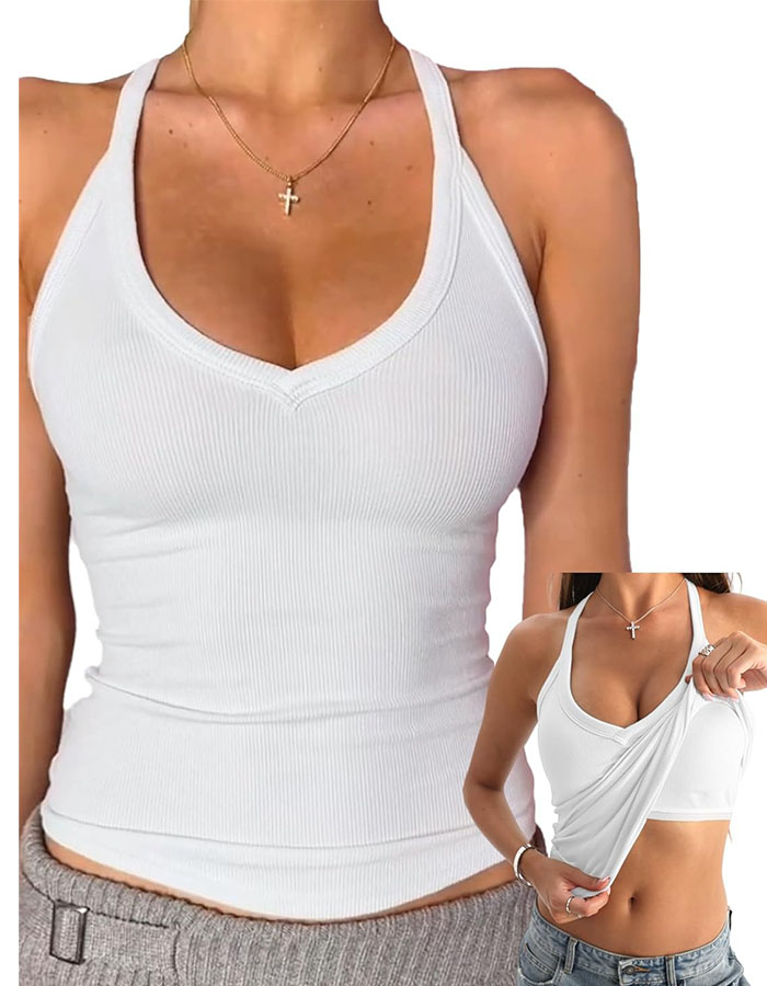 Danysu V Neck Racerback Built-In Bra Tank Tops for Women Trendy Cotton Ribbed Basic Halter Top Bright White S