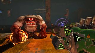 Serious Sam Shatterverse gameplay screenshot of Sam aiming a high-tech gun at a one-eyed monster
