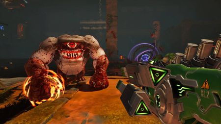 Serious Sam Shatterverse gameplay screenshot of Sam aiming a high-tech gun at a one-eyed monster