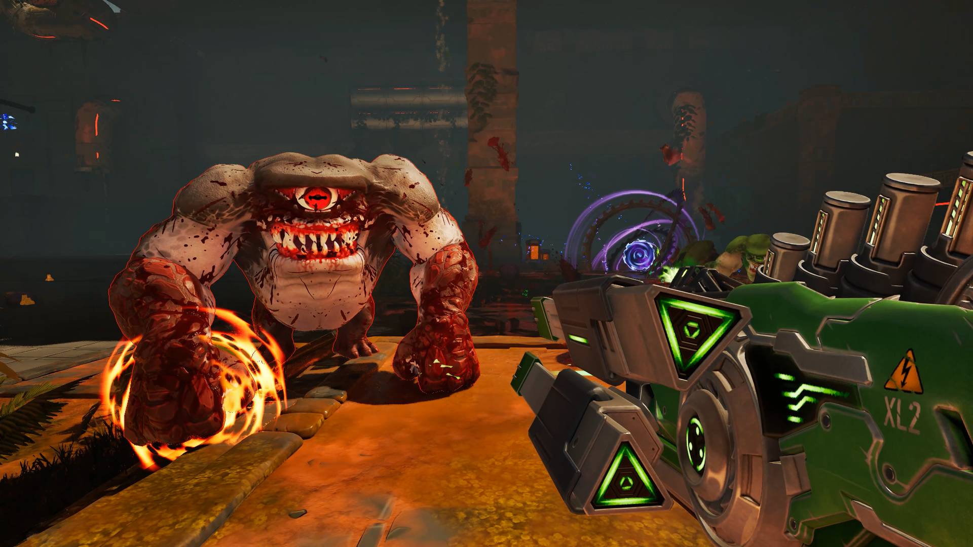 Serious Sam Shatterverse gameplay screenshot of Sam aiming a high-tech gun at a one-eyed monster