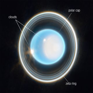 An annotated version of an image of Uranus captured by the James Webb Space Telescope on Feb. 6, 2023, showing its bright polar ice cap and glowing clouds.
