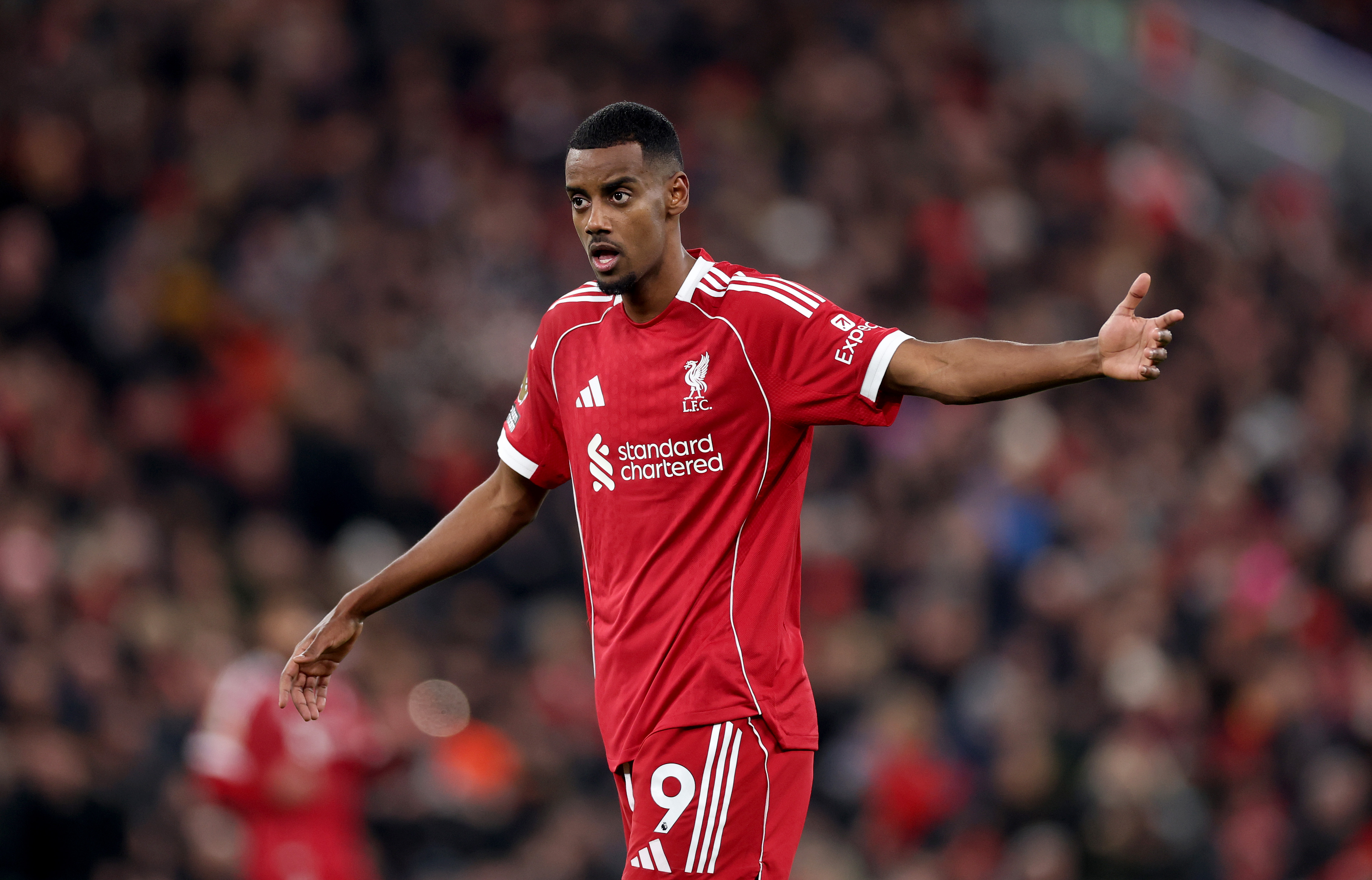 LIVERPOOL, ENGLAND - DECEMBER 03: Alexander Isak of Liverpool during the Premier League match between Liverpool and Sunderland at Anfield on December 03, 2025 in Liverpool, England. (Photo by Carl Recine/Getty Images)