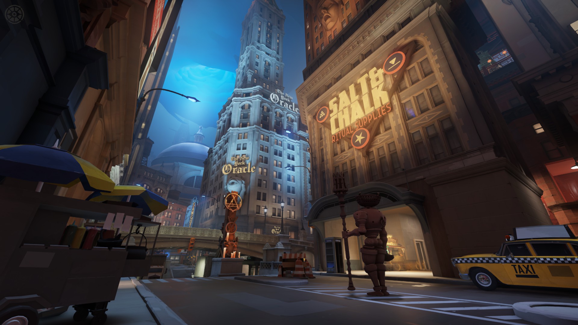A downtown street in Deadlock, showing the Salt &amp; Chalk Ritual Supplies sign with The New York Oracle building visible in the background.