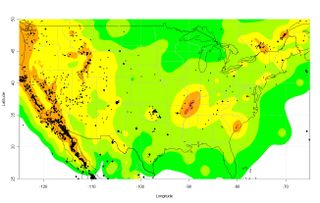 Earthquakes equal to or bigger than magnitude 3.0 in the United States between 2009 and 2012. The background colors indicating earthquake risk are from the U.S. National Seismic Hazard Map.