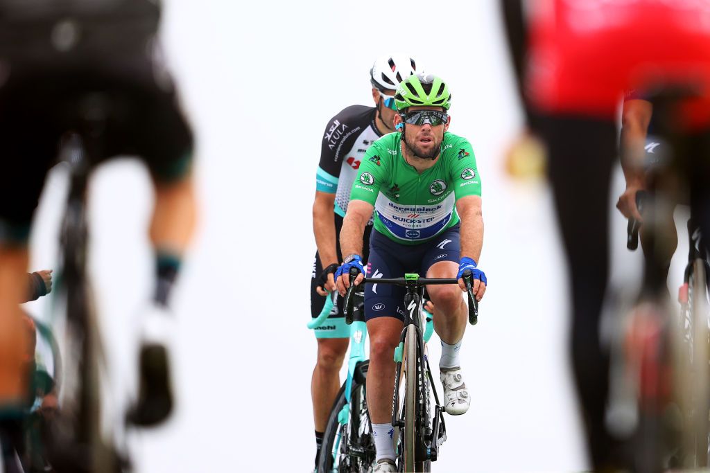 SAINTLARYSOULAN COL DU PORTET FRANCE JULY 14 Mark Cavendish of The United Kingdom and Team Deceuninck QuickStep Green Points Jersey at arrival during the 108th Tour de France 2021 Stage 17 a 1784km stage from Muret to SaintLarySoulan Col du Portet 2215m LeTour TDF2021 on July 14 2021 in SaintLarySoulan Col du Portet France Photo by Michael SteeleGetty Images