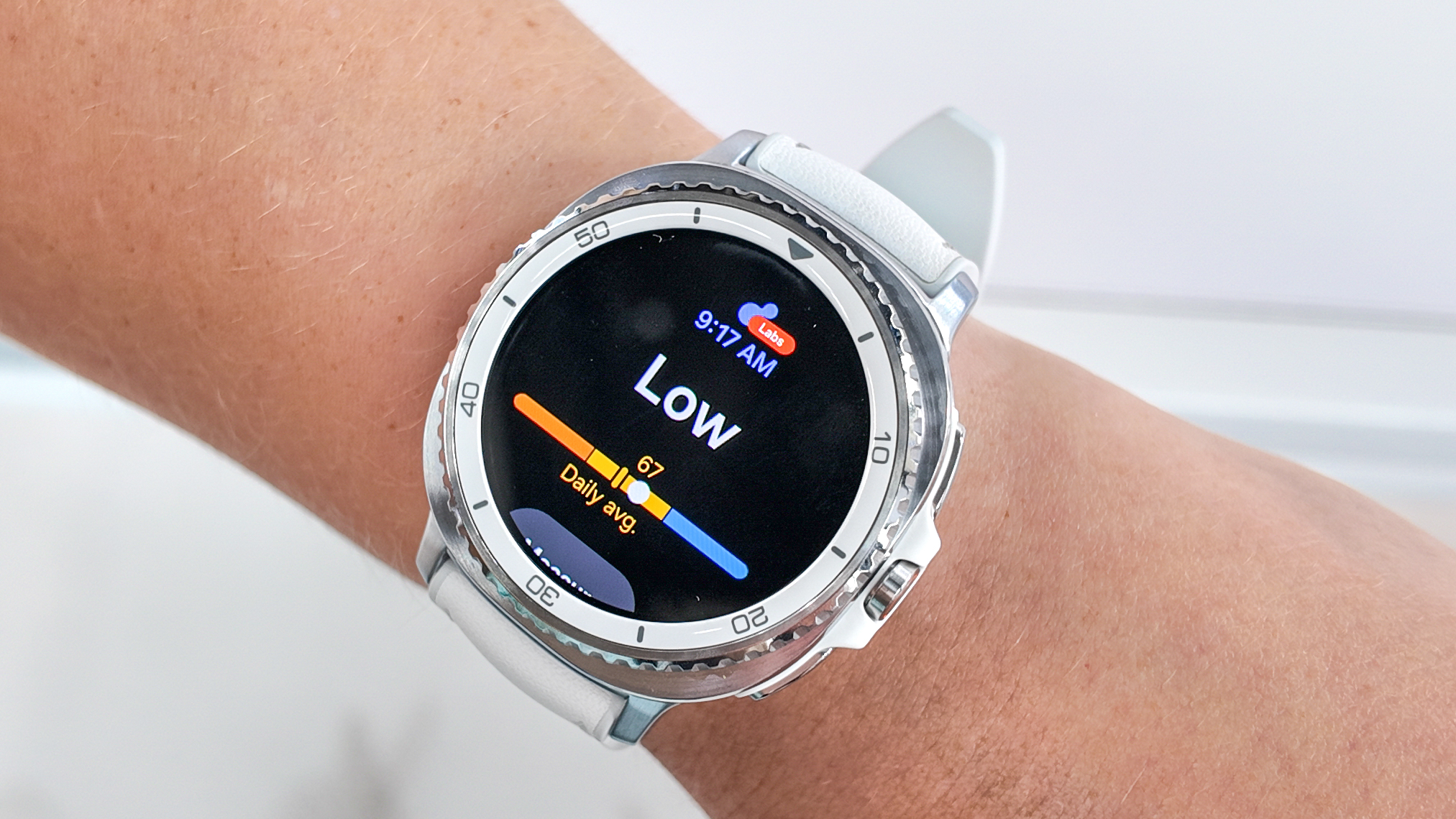 Close-up of the Samsung Galaxy Watch 8 Classic on the writer's wrist showing the results of the new antioxidant measuring feature (Low)