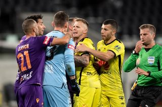 A confrontation between Perth Glory and Wellington Phoenix players during a match in 2020