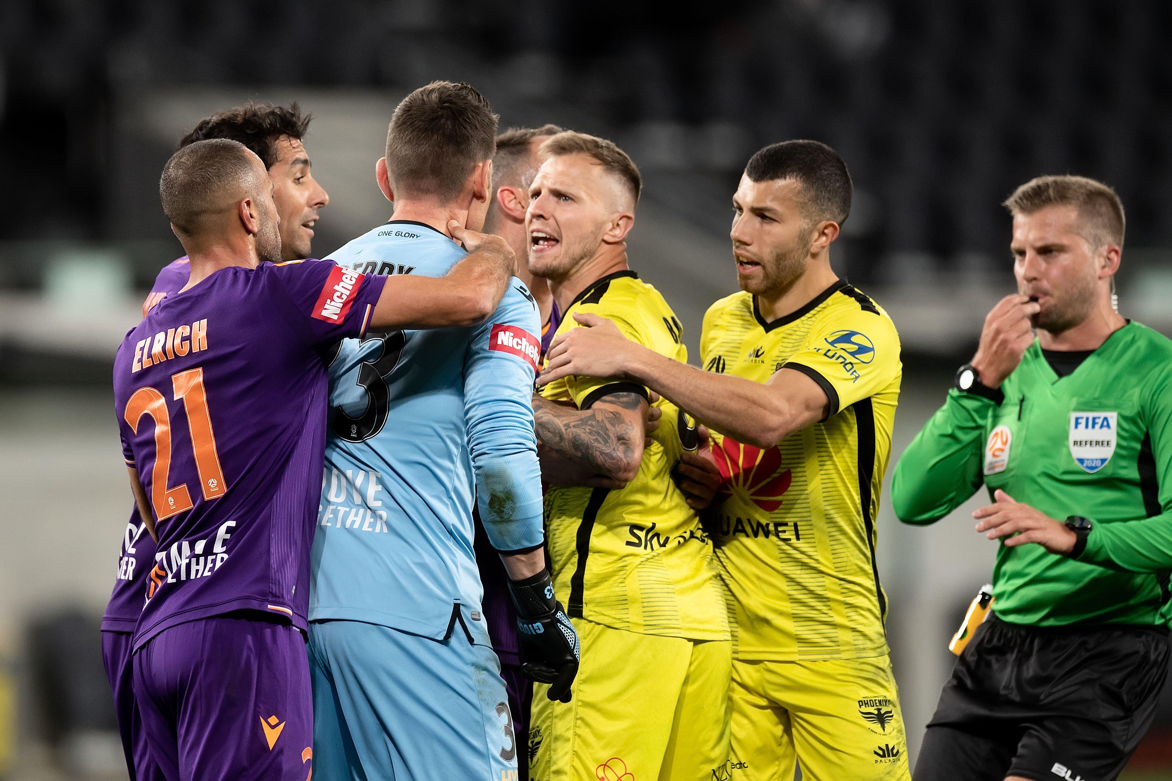 A confrontation between Perth Glory and Wellington Phoenix players during a match in 2020