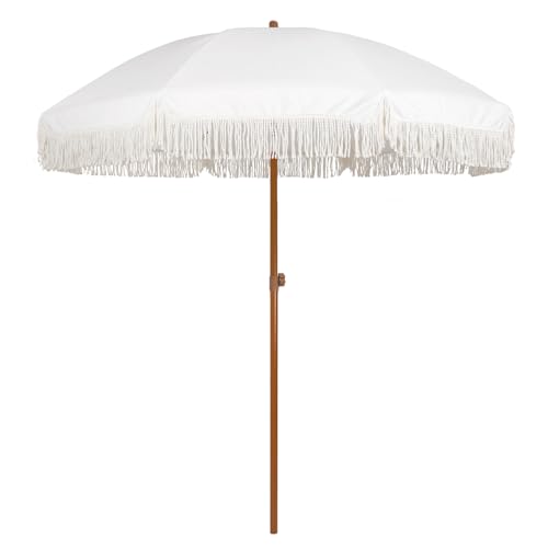 Ammsun 7ft Patio Umbrella With Fringe Outdoor Tassel Umbrella Upf50+ Premium Steel Pole and Ribs Push Button Tilt, White Cream