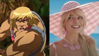 He-Man in Masters of the Universe: revelation/Margot Robbie's Barbie looking nervous.