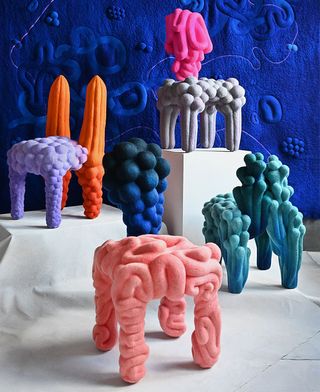 Colourful bulbous chairs designed by Liam Lee and presented at Salon Art + Design during New York Design Week 2021