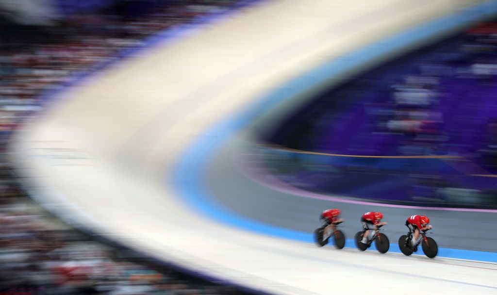 PARIS FRANCE AUGUST 05 Rasmus Lund Pedersen of Team Denmark leads during the Mens Team Pursuit Qualifiers on day ten of the Olympic Games Paris 2024 at SaintQuentinenYvelines Velodrome on August 05 2024 in Paris France Photo by Jared C TiltonGetty Images