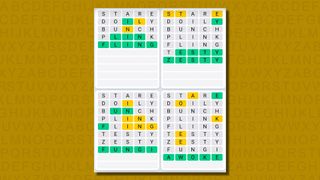 Quordle daily sequence answers for game 622 on a yellow background