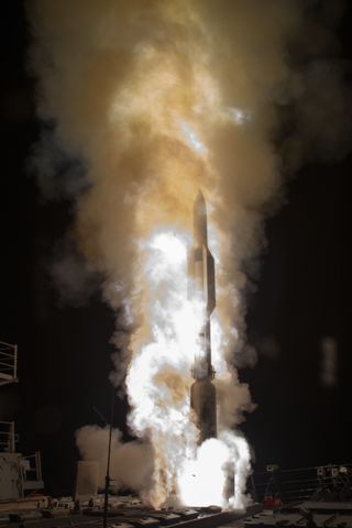 A Standard Missile-6 (SM-6) guided missile is launched from the Navy destroyer USS John Paul Jones during a successful defense test on Aug. 29, 2017, that intercepted a medium-range ballistic missile target.