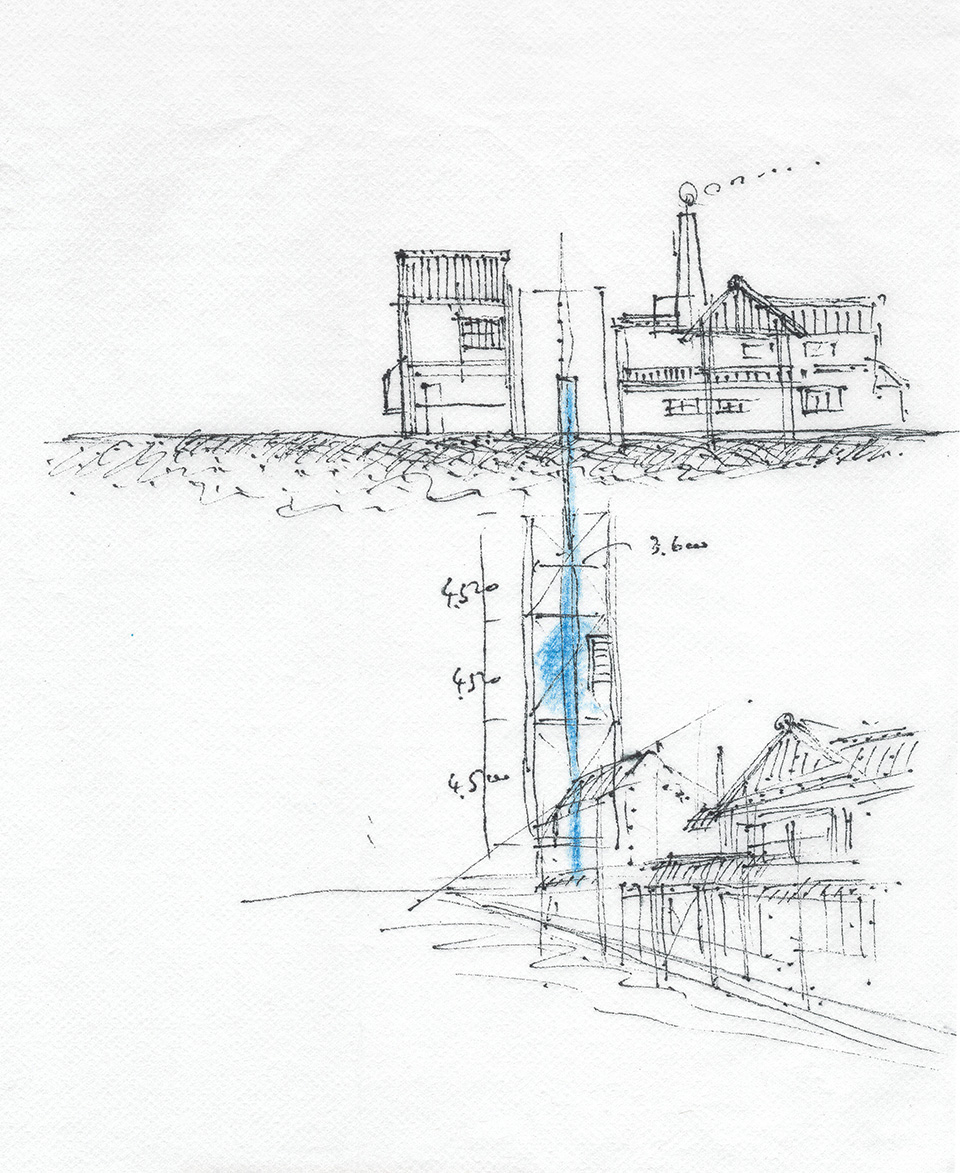 Tadao Ando: Row House in Sumiyoshi. Image sketch of the exterior. A concrete box embedded in the clusters of low wooden houses of downtown Osaka.