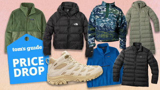 a peach background image with a columbia fleece, merrell moab 3 hiking boots, arc'teryx thorium jackets, patagonia retro pile fleece, and patagonia re-tool hybrid fleece