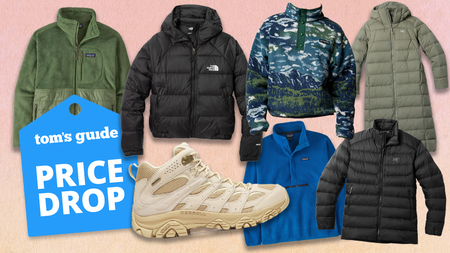 a peach background image with a columbia fleece, merrell moab 3 hiking boots, arc'teryx thorium jackets, patagonia retro pile fleece, and patagonia re-tool hybrid fleece