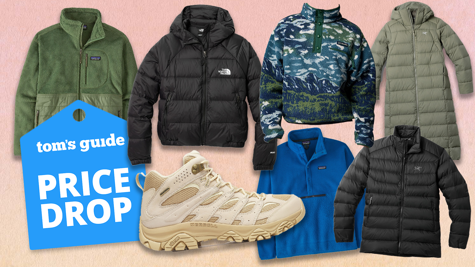 a peach background image with a columbia fleece, merrell moab 3 hiking boots, arc&#039;teryx thorium jackets, patagonia retro pile fleece, and patagonia re-tool hybrid fleece