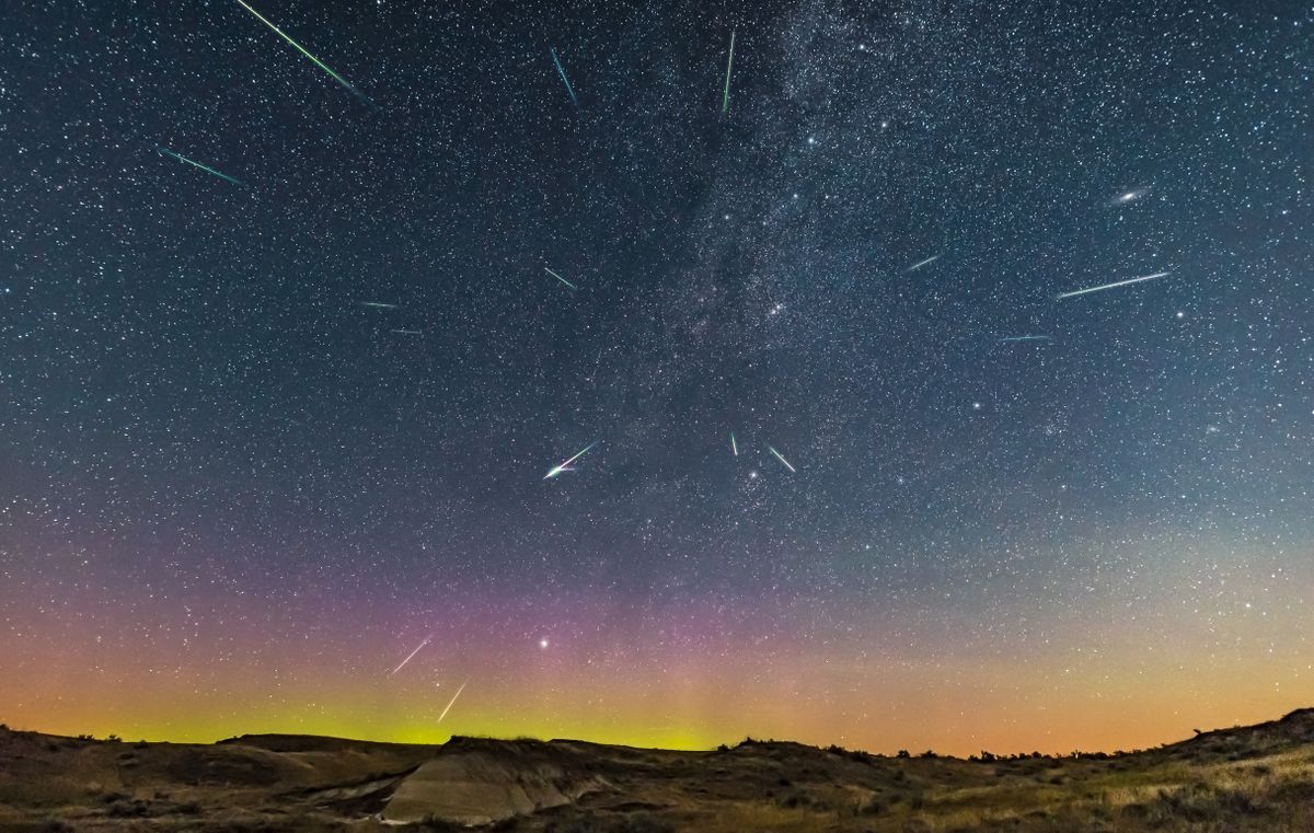 Perseid meteor shower at Dinosaur Provincial Park, Alberta, Canada