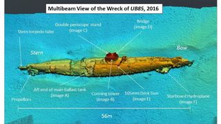 A composite image from multibeam sonar scans of the German submarine wreck on the seafloor off the coast of southwest Scotland.