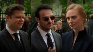 From left to right: Elden Henson as Foggy Nelson, Charlie Cox as Matt Murdock and Deborah Ann Woll as Karen Page in Season 3 of Daredevil