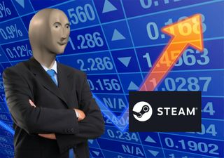 An image of the "Stonks" meme with the Steam logo overlayed onto it. The meme depicts a man in a suit with numbers trending upwards.