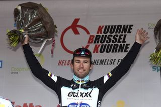 Mark Cavendish on the podium after winning the 2015 Kuurne-Brussels-Kuurne