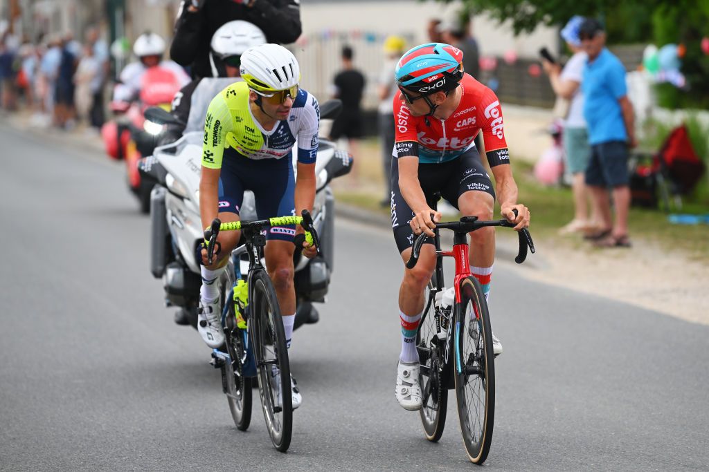 SAINTAMANDMONTROND FRANCE JULY 09 LR Kobe Goossens of Belgium and Team Intermarche Wanty and Brent Van Moer of Belgium and Team Lotto Dstny compete in the breakaway during the 111th Tour de France 2024 Stage 10 a 1873km stage from Orleans to SaintAmandMontrond UCIWT on July 09 2024 in Orleans France Photo by Dario BelingheriGetty Images
