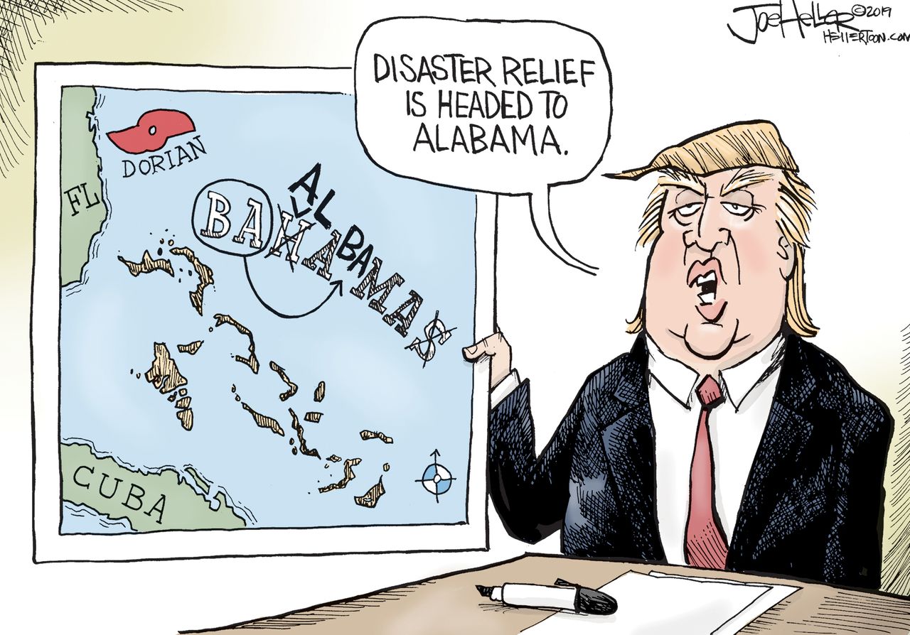 Political Cartoon U.S. Trump Disaster Relief Alabama Dorian Map