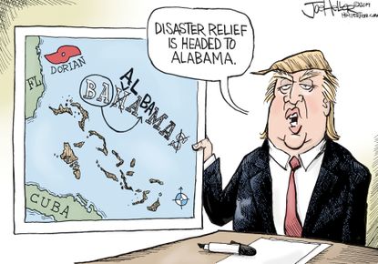 Political Cartoon U.S. Trump Disaster Relief Alabama Dorian Map