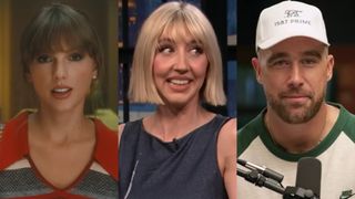 From left to right: Taylor Swift in the Anti-Hero music video, Heidi Gardner on Late Night with Seth Meyers and Travis Kelce on New Heights. 