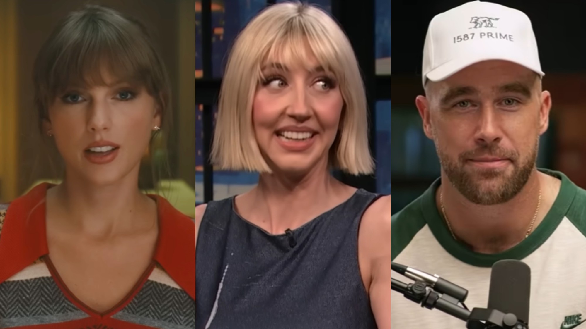 From left to right: Taylor Swift in the Anti-Hero music video, Heidi Gardner on Late Night with Seth Meyers and Travis Kelce on New Heights. 